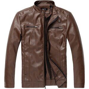 Men's Brown Faux Leather Stand Collar Zipper Classic Slim Fit Biker Jacket